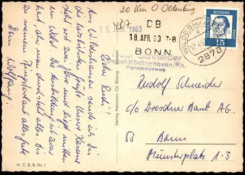 ÄLTERE POSTKARTE GRUSS AUS WILDESHAUSEN IN OLDENBURG SÖGESTRASSE ZWISCHENBRÜCKEN Eingangsstempel Dresdner Bank Bonn AK