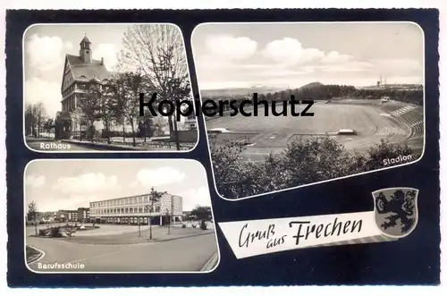 ÄLTERE POSTKARTE GRUSS AUS FRECHEN STADION BERUFSSCHULE RATHAUS soccer stadium stade Ansichtskarte AK cpa postcard