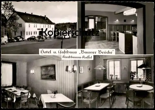 ALTE POSTKARTE HOTEL UND GASTHAUS BAUNER BRÜCKE KIRCHBAUNA KASSEL INH. H. SIEBERT GASOLIN TANKSTELLE BUS BAUNATAL AK cpa