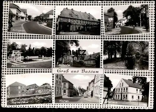 ÄLTERE POSTKARTE GRUSS AUS BASSUM SULINGER STRASSE FRANZ VICK ZENITH UHREN BADEANSTALT KIRCHSTRASSE KRANKENHAUS RATHAUS