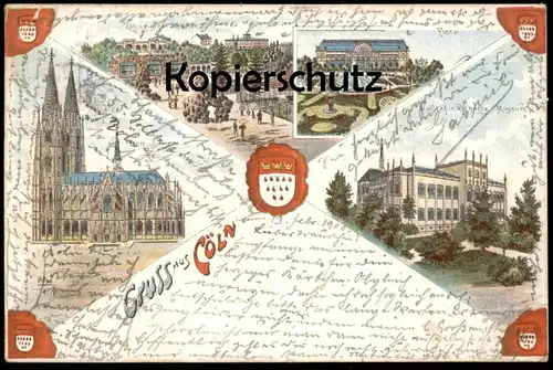 ALTE LITHO POSTKARTE GRUSS AUS CÖLN ZOOLOGISCHER GARTEN FLORA DOM WAPPEN WALLRAF RICHARTZ MUSEUM KÖLN ZOO KÄFIGE AK