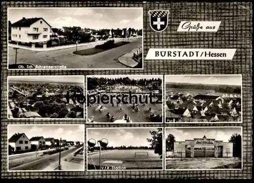 ÄLTERE POSTKARTE GRÜSSE AUS BÜRSTADT VFR STADION OBERSCHULTHEISS-SCHREMSER-STRASSE FREIBAD Ansichtskarte AK postcard cpa