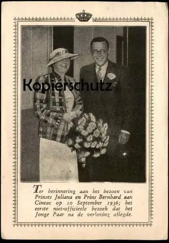 ALTE KARTE PRINSES JULIANA EN PRINS BERNHARD 10. SEPTEMBER 1936 HERINNERING HET EERSTE NIET-OFFICIEELE BEZOEK Nederland