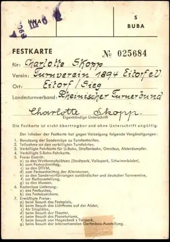 ALTE POSTKARTE HAMBURG DEUTSCHES TURNFEST 1953 DTB FESTKARTE WAPPEN BENUTZUNG SONDERZÜGE TURNVEREIN EITORF SIEG AK cpa