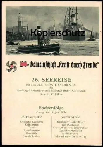 ALTE POSTKARTE REISE DAMPFER M.S. MONTE SARMIENTO KRAFT DURCH FREUDE SPEISENFOLGE HAMBURG HAFEN SHIP SCHIFF postcard cpa