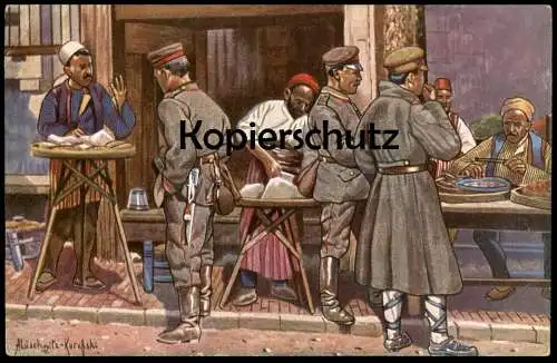 ALTE POSTKARTE STRASSENLEBEN IN UESKÜB SKOPJE MAZEDONIEN ARNOLD LÜSCHWITZ-KOREFFSKI Soldaten Macedonia cpa postcard