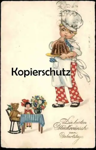 ALTE POSTKARTE KIND KOCH BACKT KUCHEN GEBURTSTAG TEDDY PUPPE KOCH Teddybär Bär Spielzeug enfant child AK postcard cpa