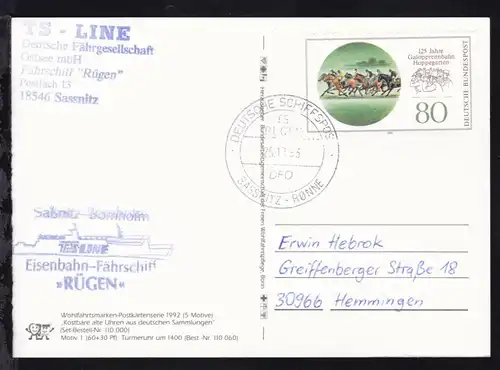 DEUTSCHE SCHIFFSPOST FS RÜGEN DFO SASSNITZ-RÖNNE 25.10.93 + Cachet auf CAK