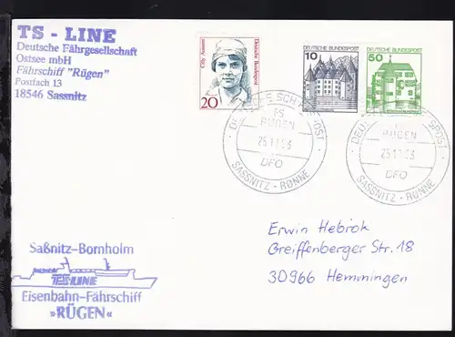 DEUTSCHE SCHIFFSPOST FS RÜGEN DFO SASSNITZ-RÖNNE 25.10.93 + Cachet auf Postkarte