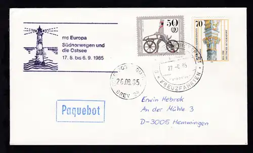 DEUTSCHE SCHIFFSPOST ms Europa Hapag-Lloyd KREUZFAHRTEN 27.8.85 + Cachet 