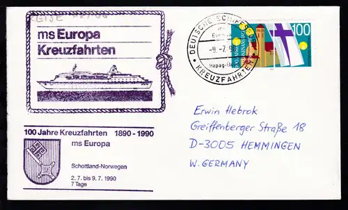 DEUTSCHE SCHIFFSPOST ms Europa Hapag-Lloyd KREUZFAHRTEN 9.7.90 + Cachet 