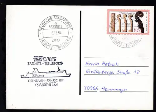 DEUTSCHE SCHIFFSPOST FS SASSNITZ DFO SASSNITZ-TRELLEBORG 6.12.93 + Cachet