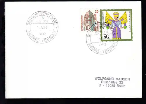 DEUTSCHE SCHIFFSPOST FS ROSTOCK DFO SASSNITZ-TRELLEBORG 11.12.93 auf Postkarte