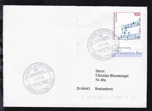 DEUTSCHE SCHIFFSPOST MS KAHLEBERG TT-Line ROSTOCK-TRELLEBORG 13.11.96 auf Brief