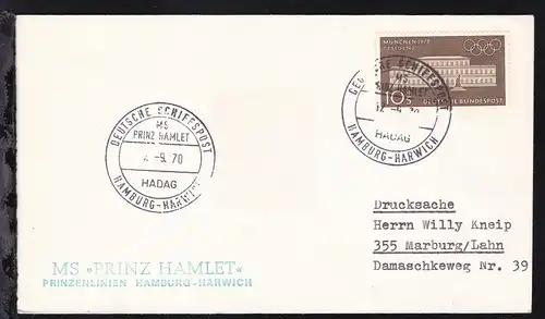 DEUTSCHE SCHIFFSPOST MS PRINZ HAMLET HADAG HAMBURG-HARWICH 7.9.70 + L2 