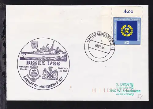 MARINESCHIFFSPOST 62 a 20.01.86 + Cachet Fregatte Bremen DESEX 1/86 auf Brief