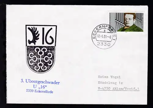 OSt. Eckernförde 12.5.91 + Cachet U 16 auf Brief