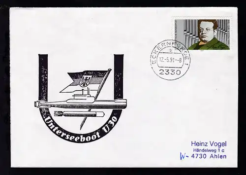 OSt. Eckernförde 12.5.91 + Cachet U 30 auf Brief