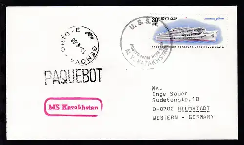 1988 U.S.S.R. POSTED FROM HIGH SEAS M.V. KAZAKHSTAN + Paquetbot Genova auf Brief