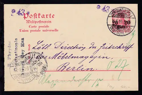 Germania 10 Pfg. mit Aufdruck 20 PARA 20 mit Stempel CONSTANTINOPEL 1 