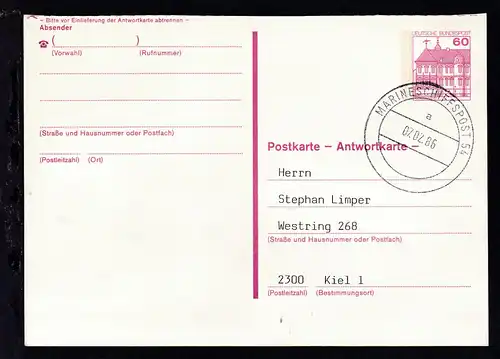 MARINESCHIFFSPOST 54 a 07.02.86 + rs Cachet Tross-Schiff "Coburg" AAG 104/86 