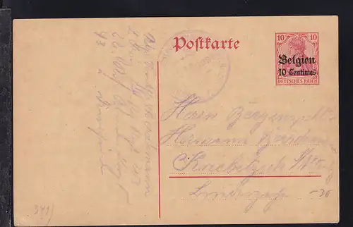 Germania 10  Pfg. mit Aufdruck "Belgien 10 Centimes" mit Formationsstempel 