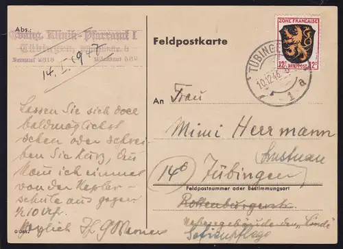 Wappen 12 Pfg. auf Postkarte ab Tübingen 10.12.46 nach Tübingen