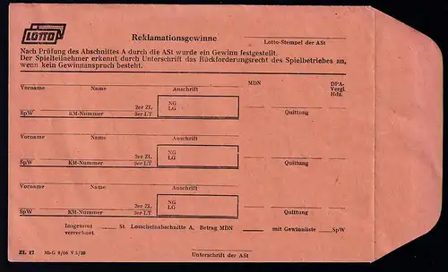 Umschlag für LOTTO Reklamationsgewinne, ungebraucht