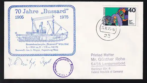 OSt. Kiel 13.11.73 + Cachet Seezeichendampfer Bussard auf Brief