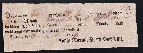 1794 Ortsdruck-Postschein des Königl. Preuß. Grenz=Post=Amt Stettin