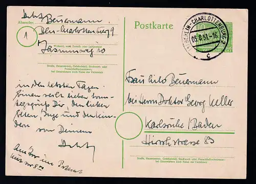 Berliner Bauten I 10 Pfg. ab Berlin-Charlottenburg 05.6.51 nach Karlsruhe