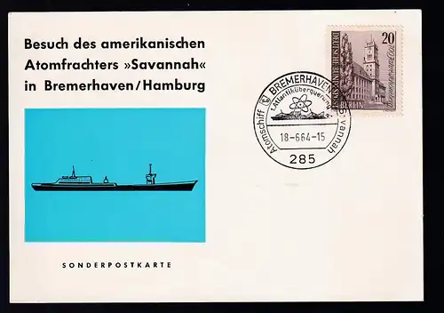 BREMERHAVEN 285 Atomschiff Savannah 1. Atlantiküberquerung 18.6.64 auf Sonderpostkarte