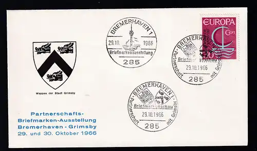 BREMERHAVEN 1 285 Partnerschaft mit Grimsby Briefmarkenschau 29.10.1966 + 