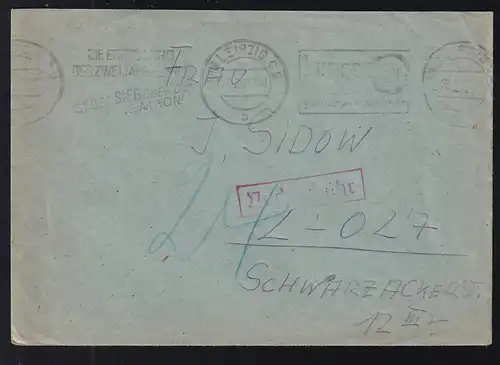 1953 unfrankierter Brief mit Propaganda-Machinenstempel Leipzig C1 mit Nachgebühr