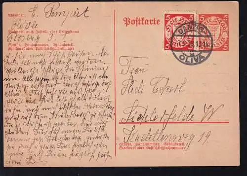 Wappen 5 Pfg. mit Zusatzfrankatur mit Stempel DANZIG-OLIVA a 7.5.36 nach Lichterfelde