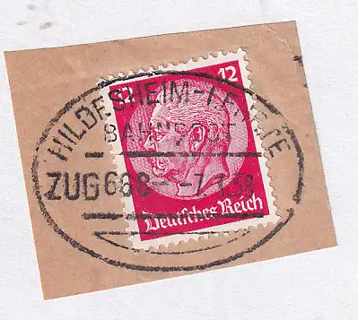 HILDESHEIM-LEHRTE BAHNPOST ZUG 688 7.1.38 auf Briefstück