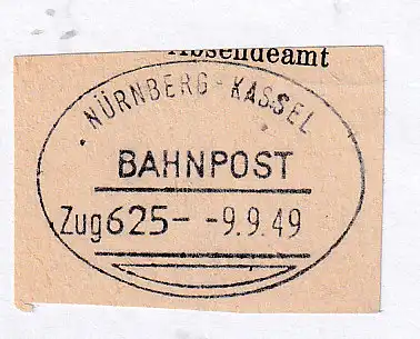 NÜRNBERG-KASSEL BAHNPOST Zug 625 9.9.49 auf Briefstück