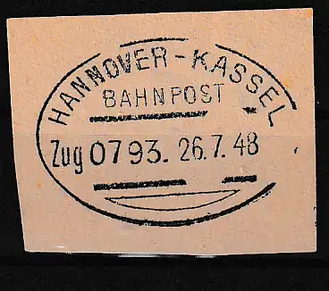 HANNOVER-KASSEL BAHNPOST Zug 0793 26.7.48 auf Briefstück