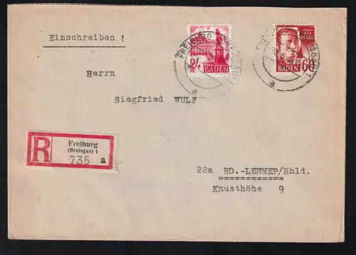 Freimarke 24 Pfg. und 60 Pfgh. auf R-Brief ab Freiburg 20.5.48 nach RD.-Lennep