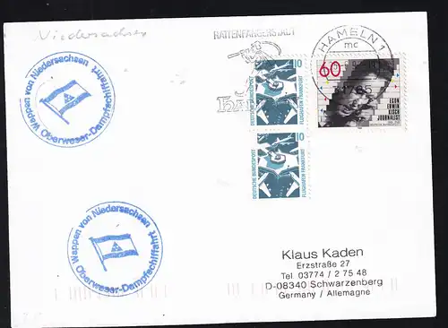 OSt. Hameln 25.6.97 + K1 wappen von Niedersachsen Oberweser-Dampfschiffahrt auf Postkarte