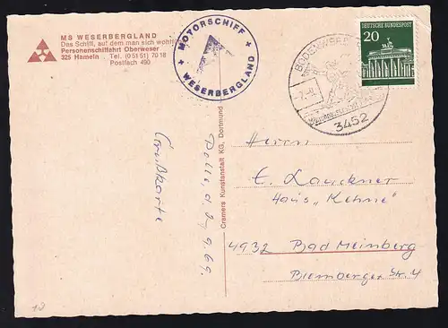 OSt. Bodenwerder 2.9.69+ K1 MOTORSCHIFF WESERBERGLAND auf CAK (MS Weserbergland)