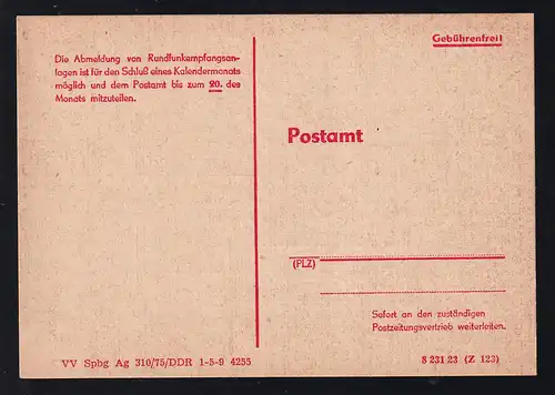 DDR Vordruck-Postkarte "Abmeldung als Rundfunkteilnehmer", ungebraucht