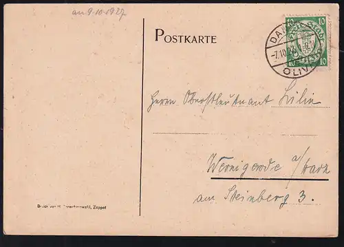 Wappen 10 Pfg. auf Postkarte abh Danzig-Oliva 7.10.27 nach Wernigerode a/Harz