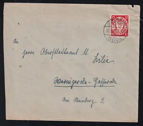 Wappen 15 Pfg. auf Brief ab Danzig-Oliva 17.8.27 nach Wernigerode-Hasserrode