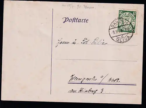 Wappen 10 Pfg. auf Postkarte abh Danzig-Oliva 9.5.31 nach Wernigerode a/Harz