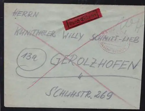 BAMBERG 3 Gebühr bezahlt 28.6.46 auf Eilbrief nach Gerolzhofen