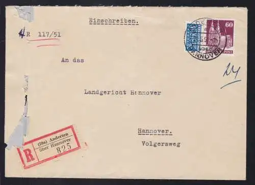 Bauten 60 Pfg. auf R-Brief ab Anderten über Hannover 21.5.51 nach Hannover, 