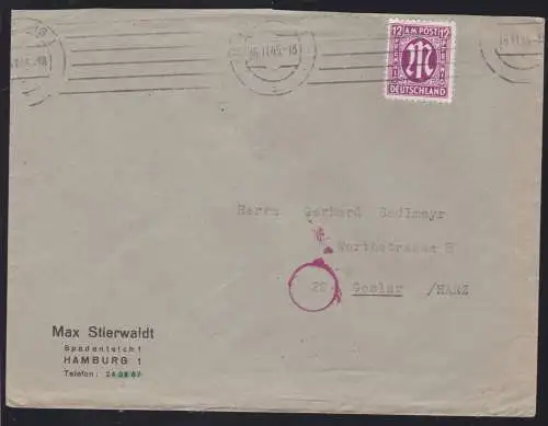 AM POST 12 Pfg. auf Brief ab Hamburg 16.11.45 nach Goslar