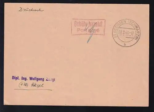 ST. GEORGEN (SCHWARZWALD) b 20.9.46 + R2 Gebühr bezahlt Port paye auf Stempelblatt