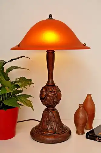 Einzelstück original Jugendstil Tischlampe Salonleuchte geschnitzt um 1920